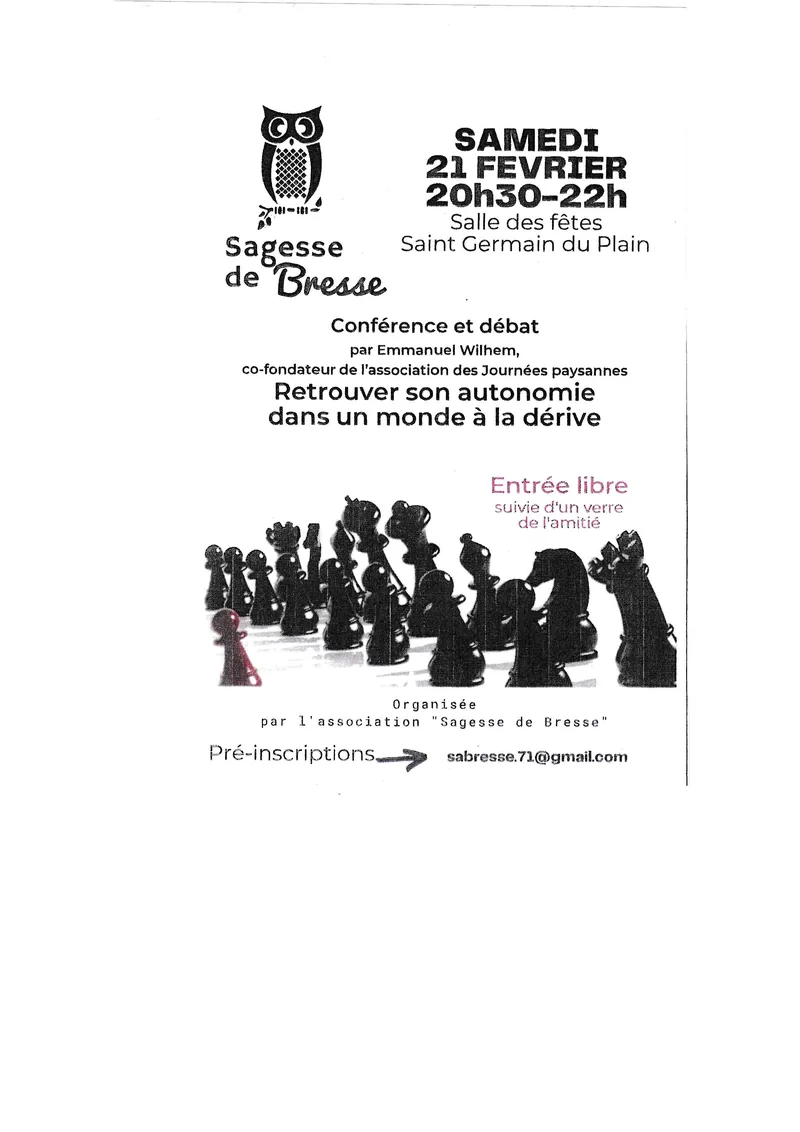 Affiche de la conférence-débat du samedi 21 février 2026, salle des fêtes de Saint-Germain-du-Plain