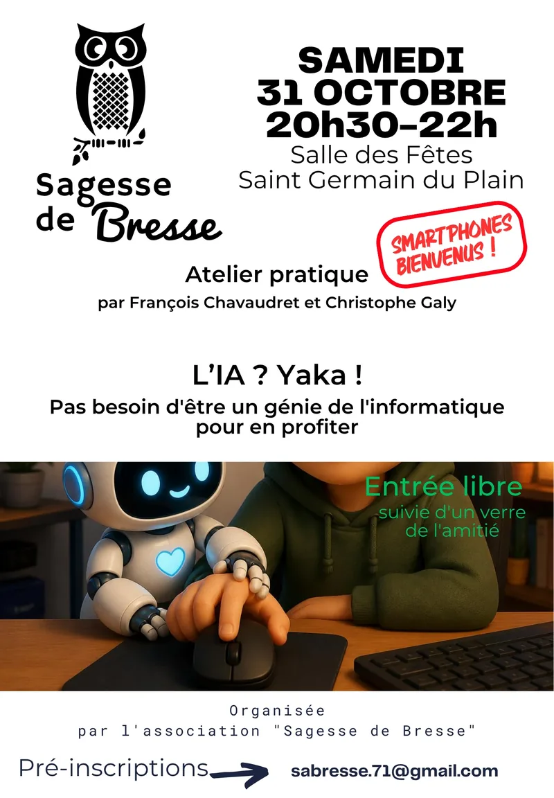 Affiche de l’atelier « L’IA ? Yaka ! », samedi 31 octobre 2026, salle des fêtes de Saint-Germain-du-Plain