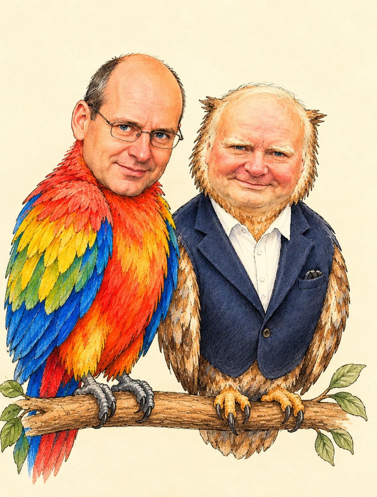 François Chavaudret en chouette et Christophe Galy en perroquet, perchés sur la même branche